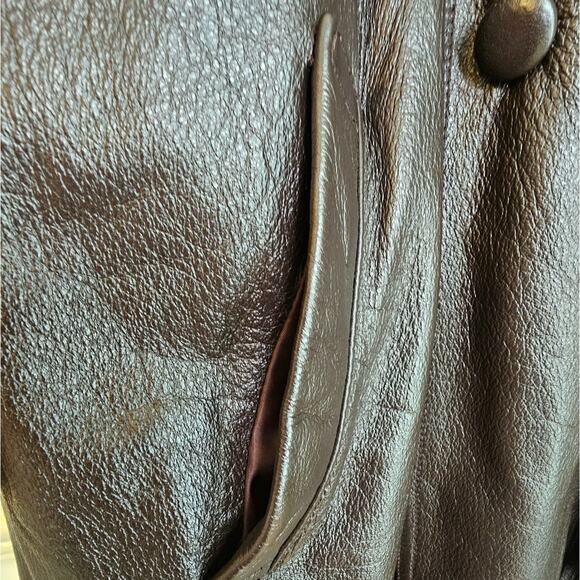 Together! Vintage Dark Brown Leather Double Breasted Trench Coat with Belt - Picture 7 of 11